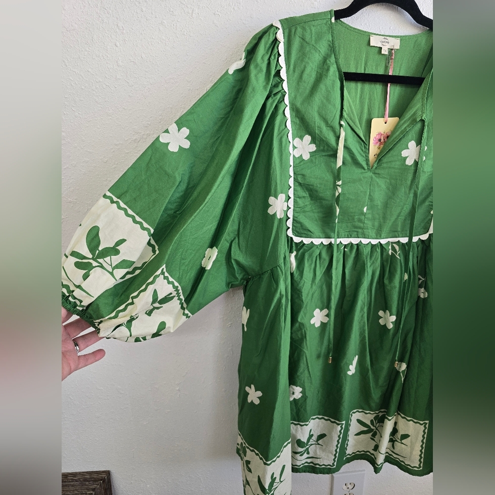 Entro NWT Glorious Green Babydoll Dress Stamped Floral Spring Mini Sz 1X - Picture 6 of 10